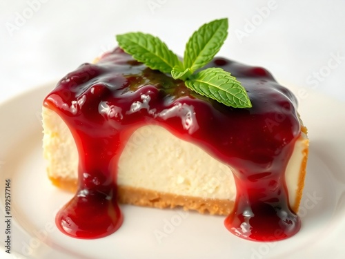 Delicious slice of berry cheesecake topped with fresh mint leaves