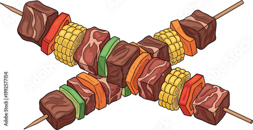 Grilled beef skewers with corn and vegetables barbecue kebab isolated illustration