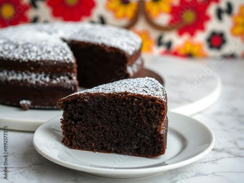 A slice of rich chocolate cake dusted with powdered sugar on a white plate