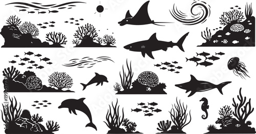 Underwater ocean marine life black silhouettes set