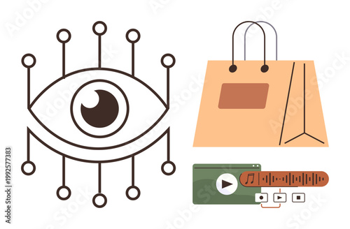 Technology, e-commerce, digital media, online shopping, data visualization, cybersecurity. Digital eye with a circuit, shopping bag and media player icon. Technology and e-commerce concept