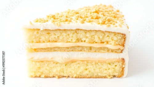 A slice of layered cake topped with crumbly coconut and creamy white frosting