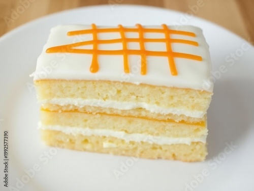Delicious carrot cake slice with orange icing drizzle on white plate