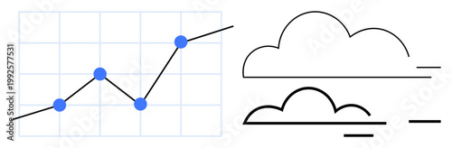 Business analytics, data visualization, cloud services, technology solutions, growth trends, performance tracking. A graph with data points alongside cloud outlines. Business analytics and data