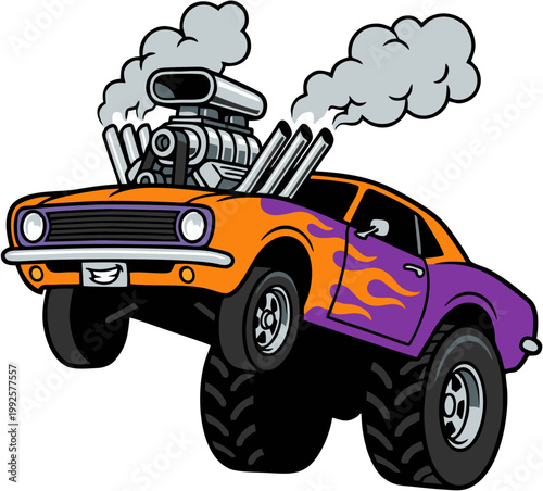 Aggressive cartoon classic American muscle car doing a wheelie vector