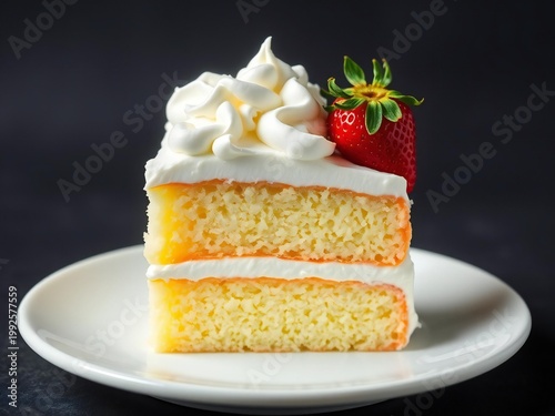 Delicious slice of vanilla cake topped with whipped cream and a strawberry garnish