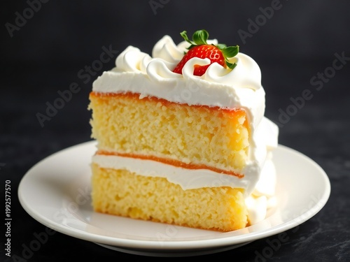 Delicious slice of layered cake topped with whipped cream and strawberry garnish