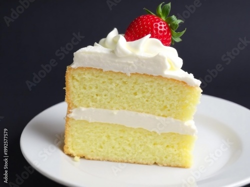 Delicious slice of vanilla cake topped with whipped cream and a fresh strawberry