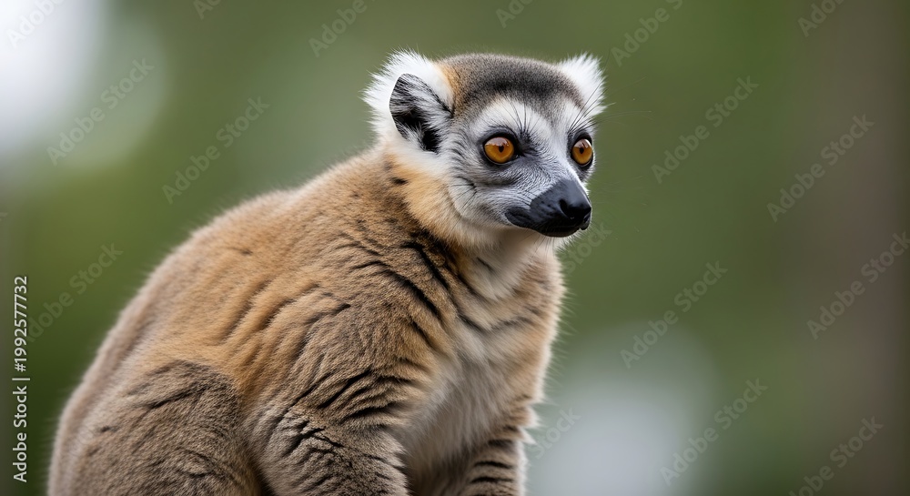 Fototapeta premium Close up of a ring tailed lemur on a blurred green background