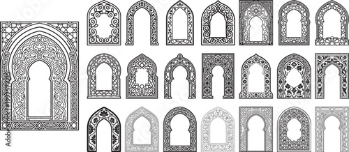 Intricate Islamic arch designs, geometric patterns and floral motifs for decoration.