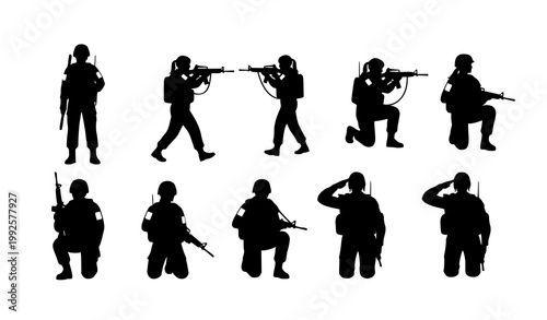 Female soldier silhouettes set military woman poses with rifle vector eps10