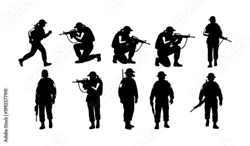 Female army silhouettes set dynamic military poses combat action vector eps10