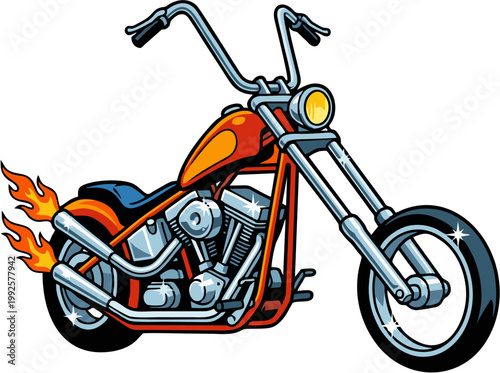 Classic cartoon custom chopper motorcycle with fiery exhaust flames vector