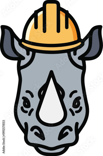 Rhino Wearing Yellow Hard Hat Illustration.