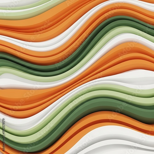 Vibrant wavy lines in orange green and white create a dynamic abstract pattern with smooth curves and layered texture