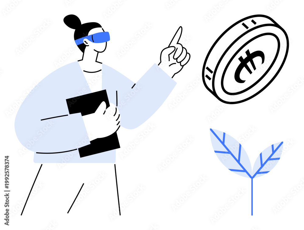 Fototapeta premium Virtual currency, eco investing, blockchain innovation, technology, green finance, sustainability. Person wearing VR glasses pointing at a cryptocurrency coin near a plant. Virtual currency and green