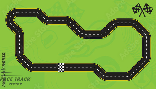 Creative vector illusion of race track or road symbol isolated on green background.