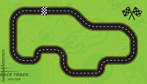 Creative vector illusion of race track or road symbol isolated on green background.