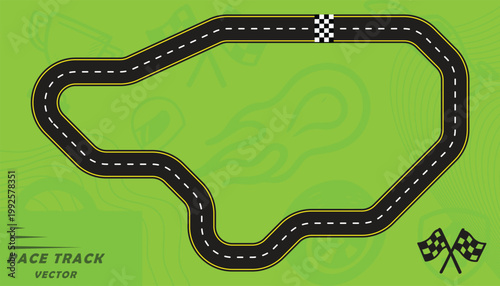 Creative vector illusion of race track or road symbol isolated on green background.