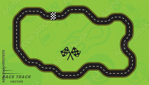 Creative vector illusion of race track or road symbol isolated on green background.