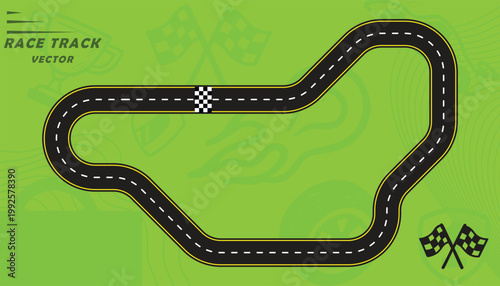 Creative vector illusion of race track or road symbol isolated on green background.