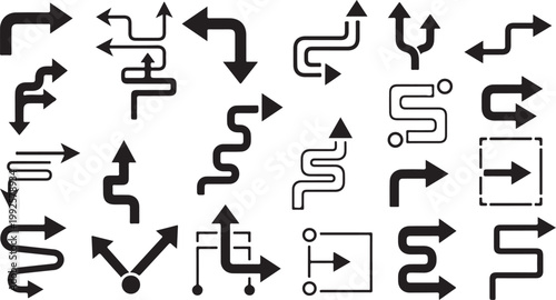 Collection of various black arrows on white background