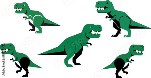 Green Tyrannosaurus Rex dinosaur vector set, flat cartoon T-Rex character collection, prehistoric predator icons for kids education and gaming