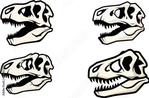 Tyrannosaurus rex skull vector set, prehistoric dinosaur fossil head illustrations, 4 ancient predator bone icons for museum and education branding