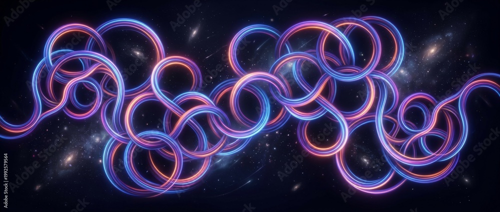 Fototapeta premium Intertwined glowing neon light tubes and rings on dark starry background image can be tiled to create a larger image or higher resolution background with light trails glow effect high tech abstract