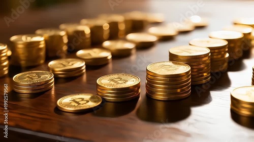 Cinematic Close Up of Stacked Gold Coins with Smooth Right to Left Camera Motion in Warm Light