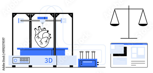 3D printing, medical innovation, ethical principles, healthcare technology, bioengineering, and justice. A 3D printer creates a heart and is alongside scales and a monitor. Medical innovation
