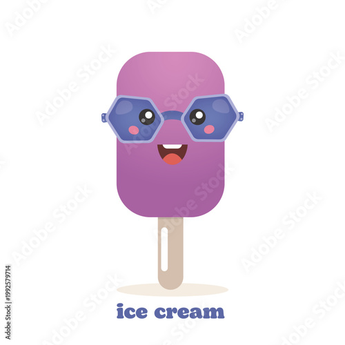 A cheerful purple ice cream bar character with a smiling face and large eyes, wearing trendy hexagonal blue sunglasses.