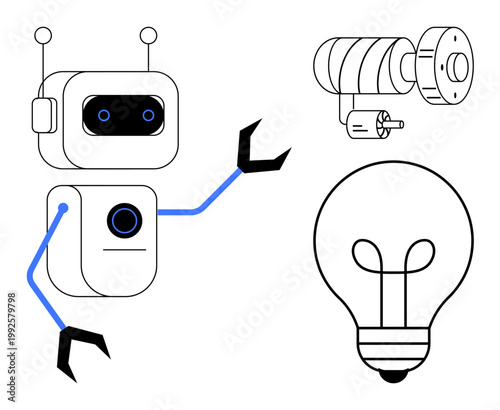Technology concept. Technology with robot, security camera, and light bulb alongside innovation . Technology shaping automation, security, and smart lighting. For AI, innovation robotics
