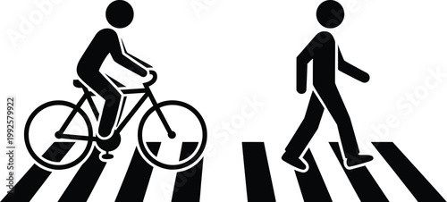 Pedestrian bicycle crossing illustration, safety icon showing person walking and pushing bike across crosswalk for road awareness and traffic design.
