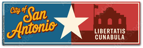 San Antonio Texas travel plaque illustration, vintage USA tin sign sticker with flag star symbol for tourism and souvenir postcard design.
