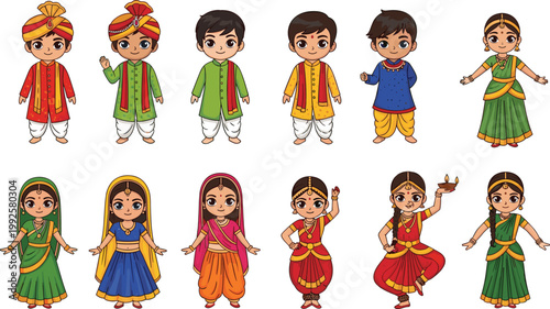 Indian Cultural Clothing Vector Collection Featuring Boys and Girls in Traditional Outfits and Festive Cartoon