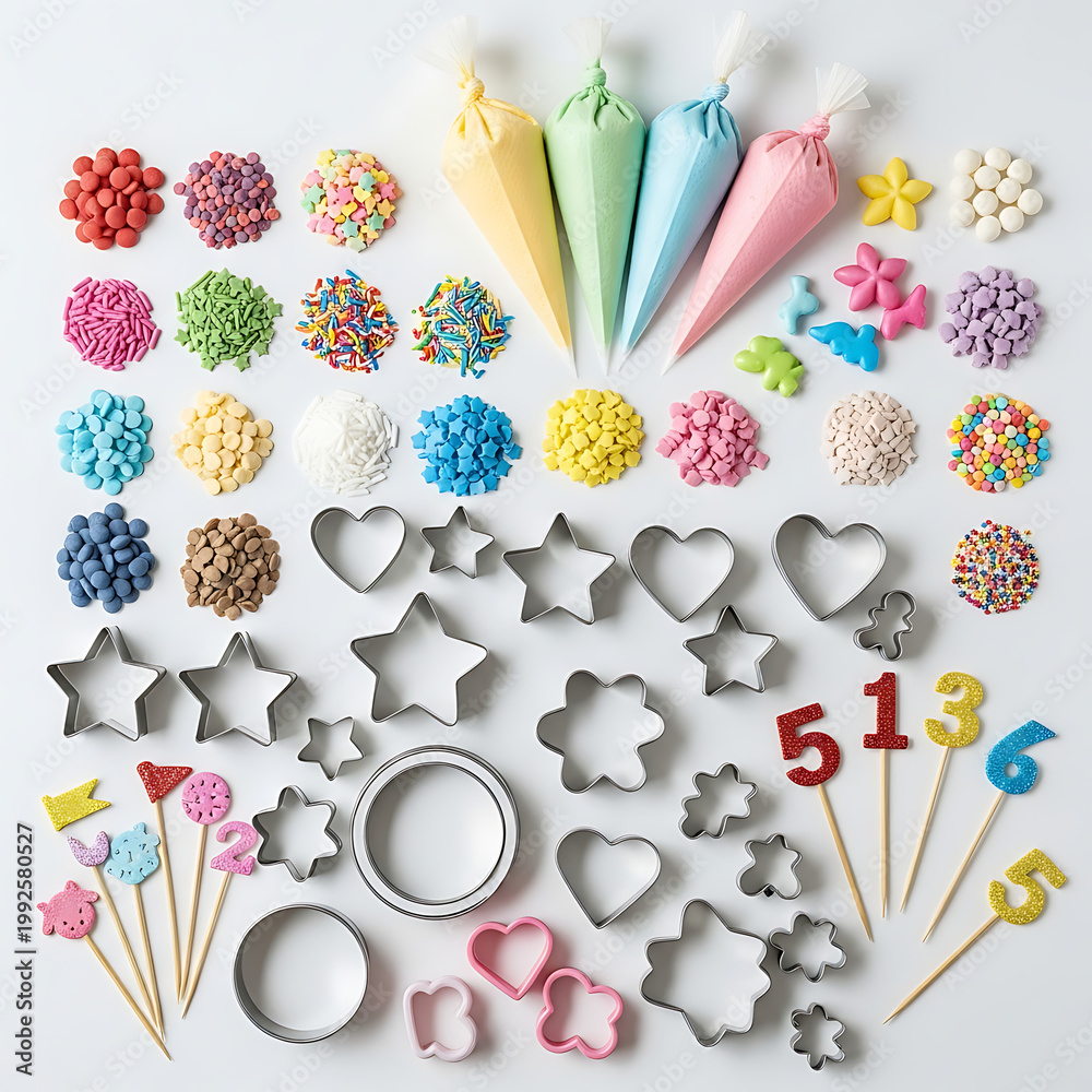 Fototapeta premium Baking Supplies: Assortment of Cookie Cutters, Sprinkles, and Piping Bags for Desserts