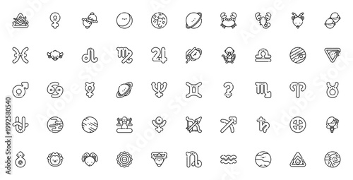 Zodiac icon set. Astrology vector symbols collection. Includes all zodiac signs, planets, and classical elements. Editable stroke.