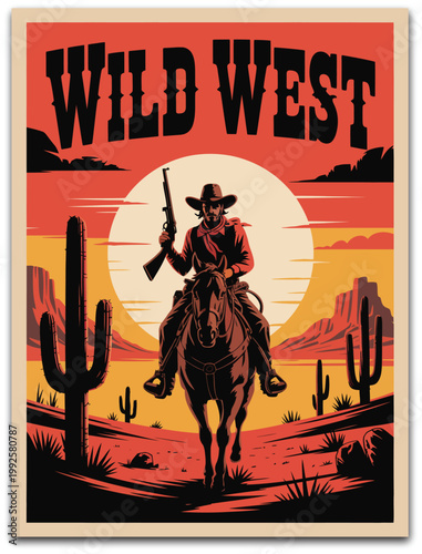 Cowboy horse desert sunset illustration, galloping rider silhouette across wild west landscape with dramatic sky for western adventure design.