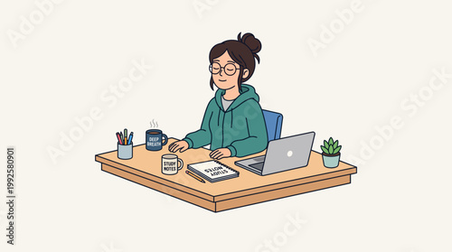 Young woman wearing glasses and hoodie taking a peaceful break while studying at her desk with laptop and coffee