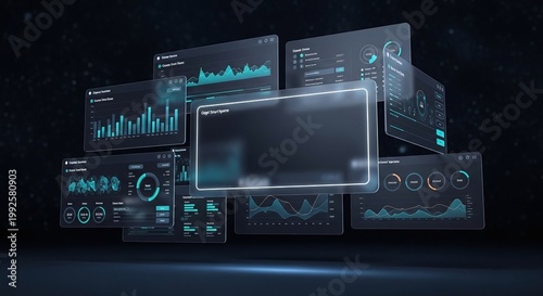 Futuristic Digital Interface with Data Analytics Dashboards on Dark Background