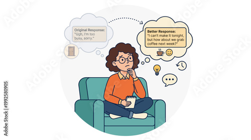 Young woman sitting on an armchair reflecting on a past conversation and imagining a more polite response