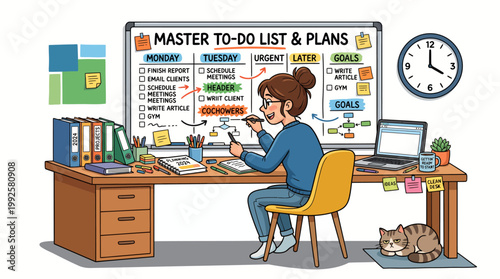Young woman meticulously organizing a complex master to-do list on a whiteboard as a form of procrastination