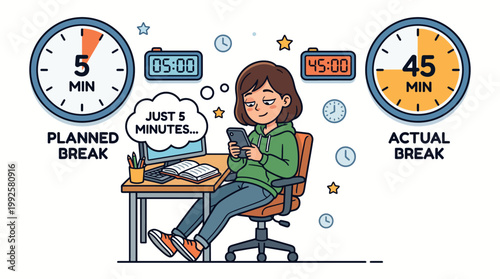 Illustration of a young woman procrastinating on her phone with a planned five minute break turning into forty-five minutes