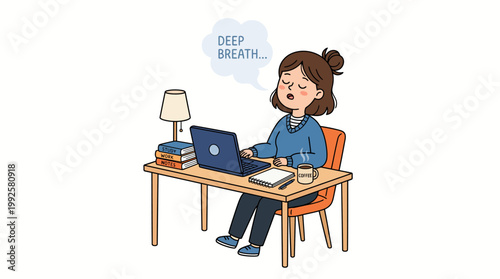Young woman taking a deep breath and exhaling while working at her desk with a laptop and coffee