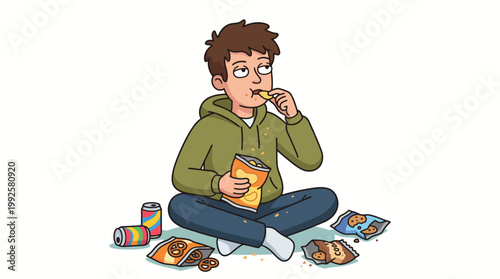 Young man sitting on the floor mindlessly snacking on junk food even when not actually hungry