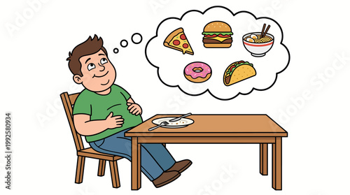 Illustration of a smiling man sitting at a table dreaming about fast food and snacks right after finishing a meal