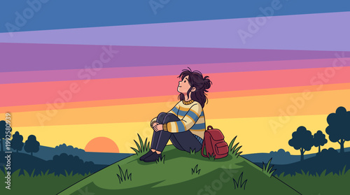 Young woman sitting on a grassy hill watching a beautiful colorful sunset sky