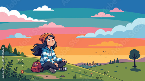 Young woman in a beanie sitting on a green meadow and looking up at a colorful sky with clouds