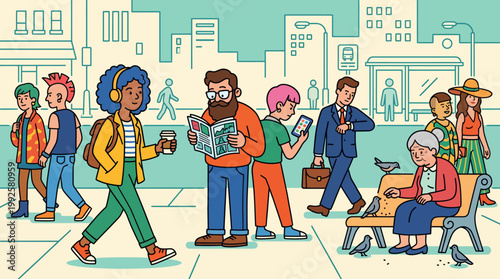 Vibrant city street scene with diverse people walking commuting and waiting at a bus stop